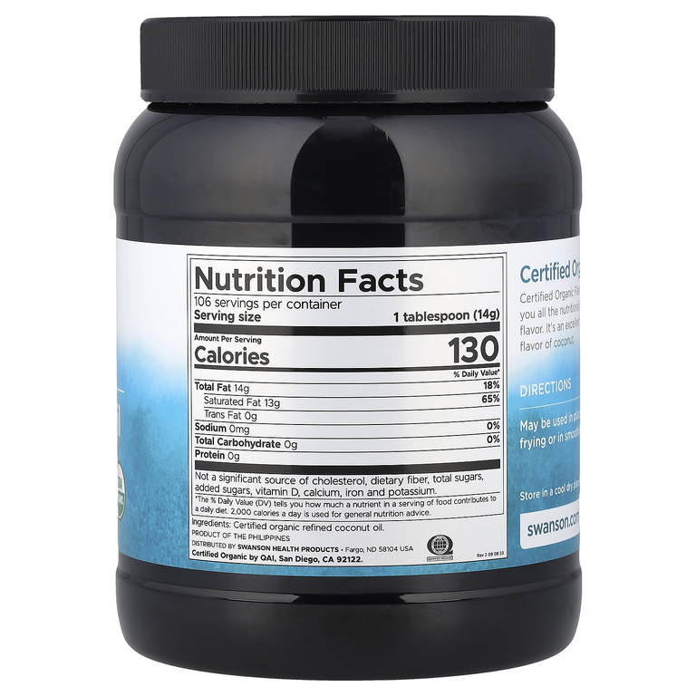 Swanson Vitamins, сертифицированное органическое кокосовое масло, без ароматизаторов, 1,47 кг (3 фунта 4 унции)