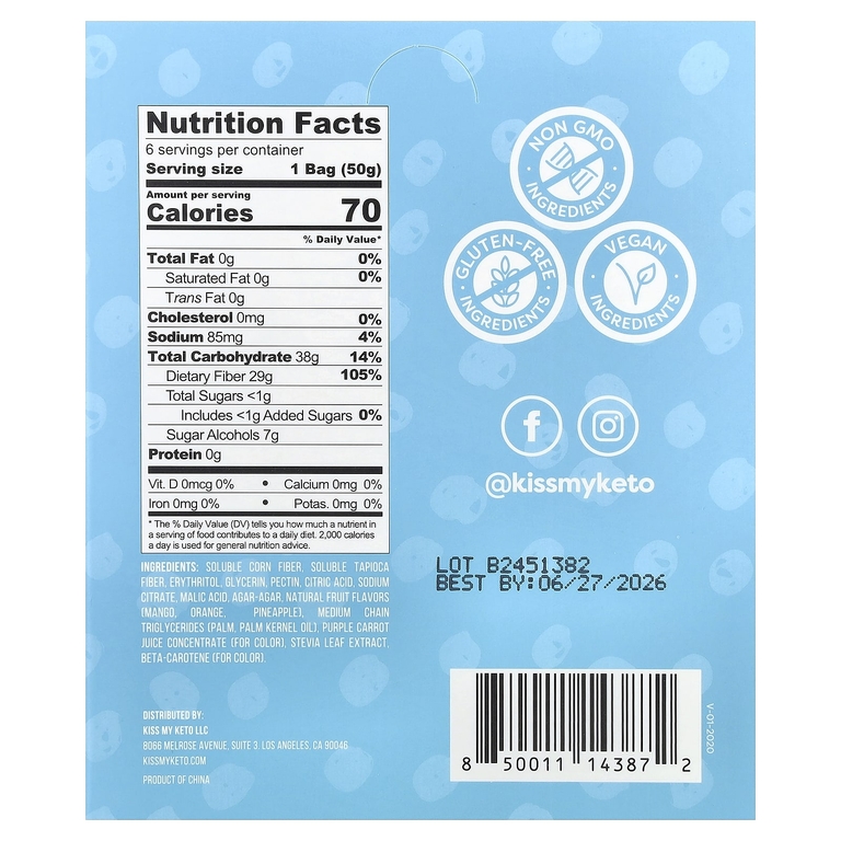 Kiss My Keto, Gummy Candy, тропические кольца, манго, апельсин и ананас, 6 пакетиков по 50 г (1,76 унции)