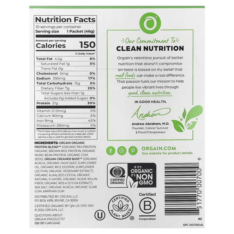 Orgain, Organic Protein™, порошок из растительных ингредиентов, шоколадная помадка, 10 пакетиков по 46 г (1,62 унции)