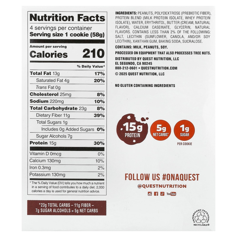 Quest Nutrition, Protein Cookie, арахисовая паста, 4 пакетика по 58 г (2,04 унции)