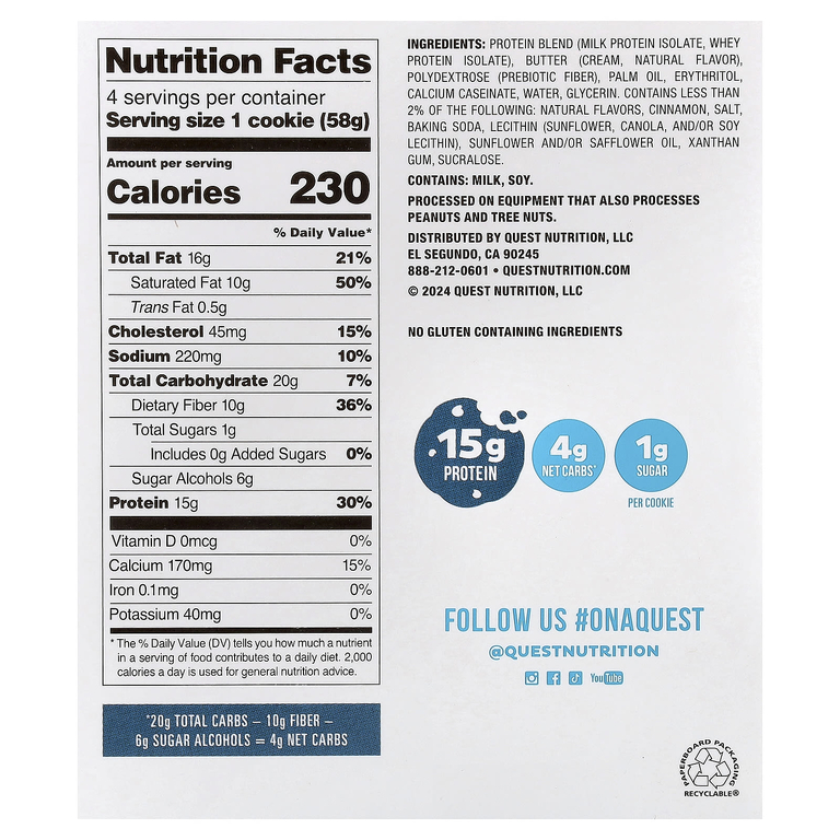 Quest Nutrition, Protein Cookie, Snickerdoodle, 4 печенья, 58 г (2,04 унции)