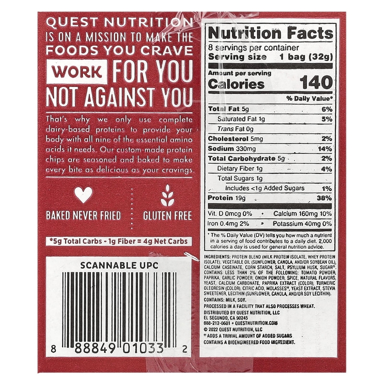 Quest Nutrition, Original Style, протеиновые чипсы, барбекю, 8 пакетиков по 32 г