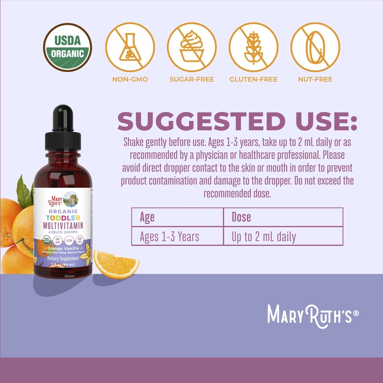 MaryRuth's, Органические мультивитаминные жидкие капли для малышей, для детей от 1 до 3 лет, с апельсином и ванилью, 60 мл (2 жидк. унц.)