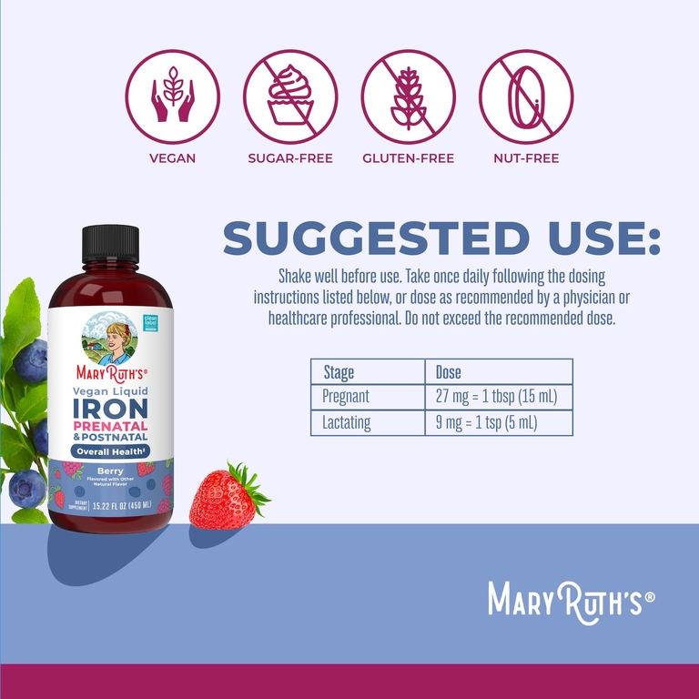 MaryRuth's, Vegan Liquid Iron, пренатальный и послеродовой, ягодный, 450 мл (15,22 жидк. унц.)