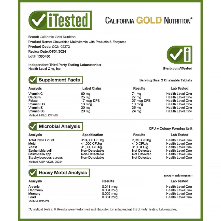 California Gold Nutrition, жевательные мультивитамины с пробиотиками, ферментами, витаминами A и C для детей, фруктовое ассорти, 120 вегетарианских таблеток
