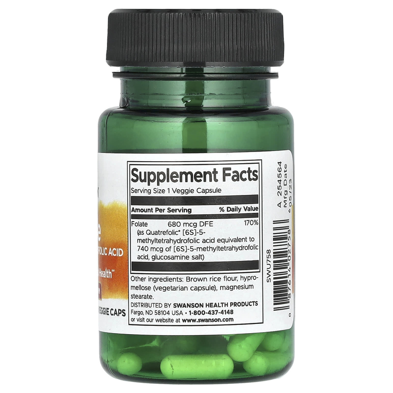 Swanson Vitamins, Фолат, 30 вегетарианских капсул (680 мкг DFE в 1 капсуле)