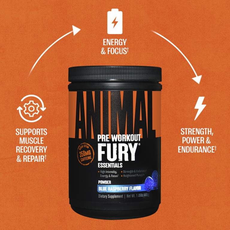 Animal, Fury Essentials, предтренировочный комплекс, со вкусом голубой малины, 495 г (1,09 фунта)