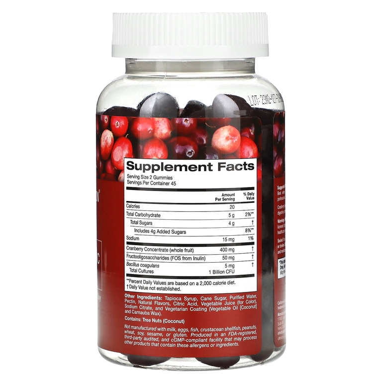 California Gold Nutrition, клюква и пробиотики в жевательных таблетках, с концентратом клюквы, фруктоолигосахаридами и бактериями бациллус коагуланс, с натуральным вкусом клюквы, 90 вегетарианских жевательных таблеток