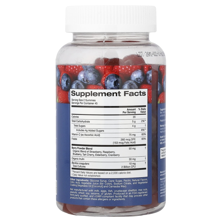 California Gold Nutrition, пробиотик с инулином в жевательных таблетках, с витамином C, фолатом, смесью экстрактов ягод и органическим инулином, с натуральным ягодным вкусом, 90 вегетарианских жевательных таблеток