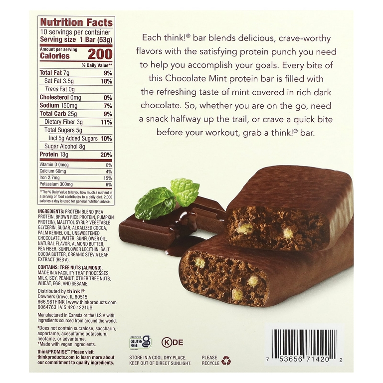 think!, батончики с высоким содержанием растительного протеина, со вкусом шоколада и мяты, 10 батончиков по 53 г (1,86 унции) (Товар снят с продажи) 
