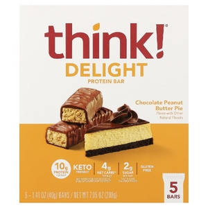 Think !, Delight Protein, протеиновый батончик, шоколадный пирог с арахисовой пастой, 5 шт. по 40 г (1,41 унции)