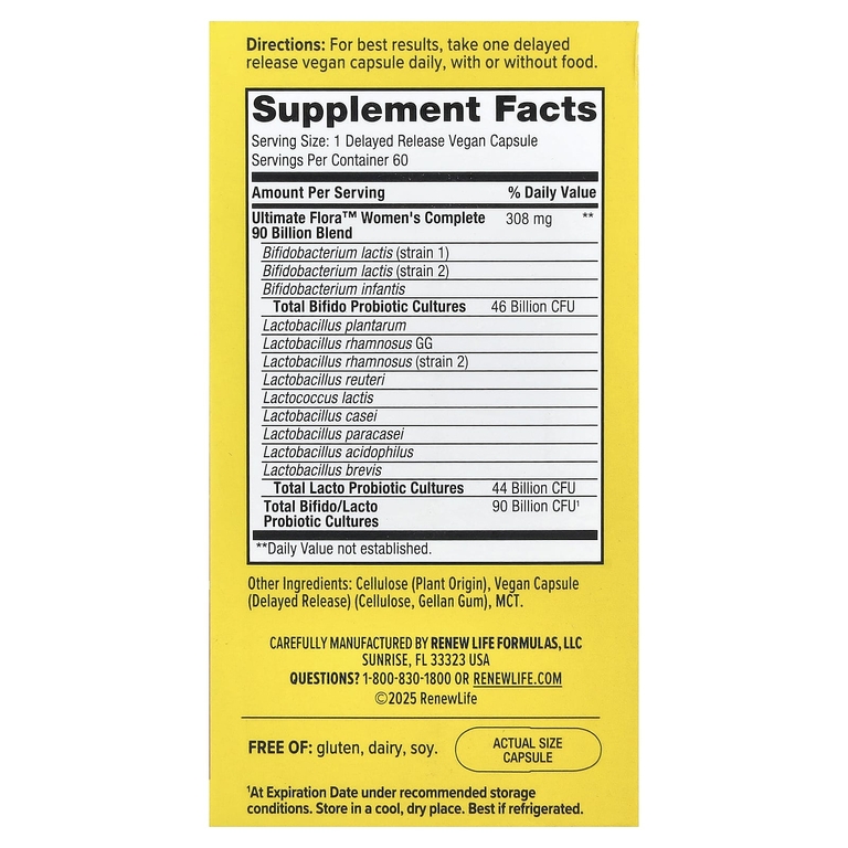 Renew Life, комплекс для женщин, пробиотик Ultimate Flora™, 90 млрд КОЕ, 60 веганских капсул с отсроченным высвобождением