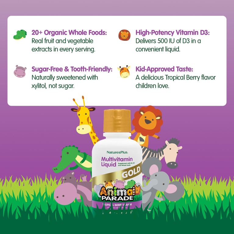 NaturesPlus, Animal Parade® Gold, жидкая мультивитаминная добавка, со вкусом тропических ягод, 480 мл (16 жидк. унций)
