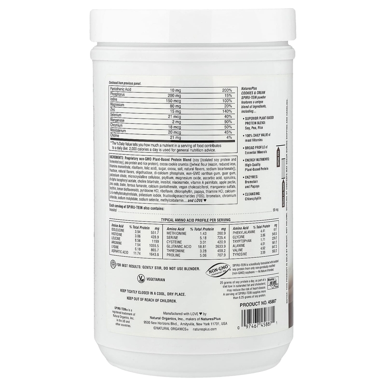 NaturesPlus, Spiru-Tein®, протеиновый порошок, печенье и сливки, 525 г (1,15 фунта)