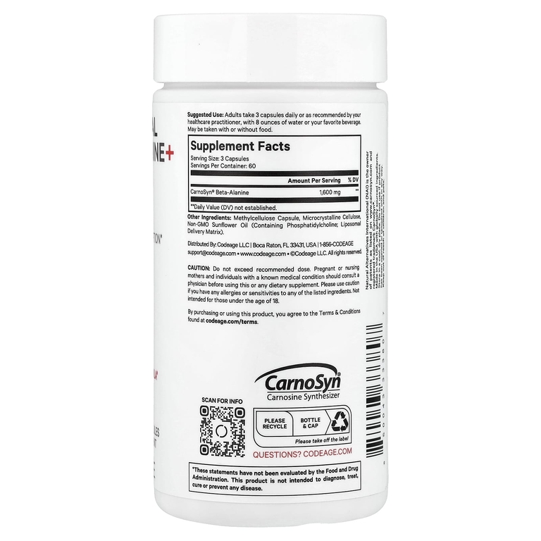 Codeage, Liposomal Beta-Alanine +, Centurion, CarnoSyn, улучшенное усвоение, 180 капсул (533 мг на капсулу)
