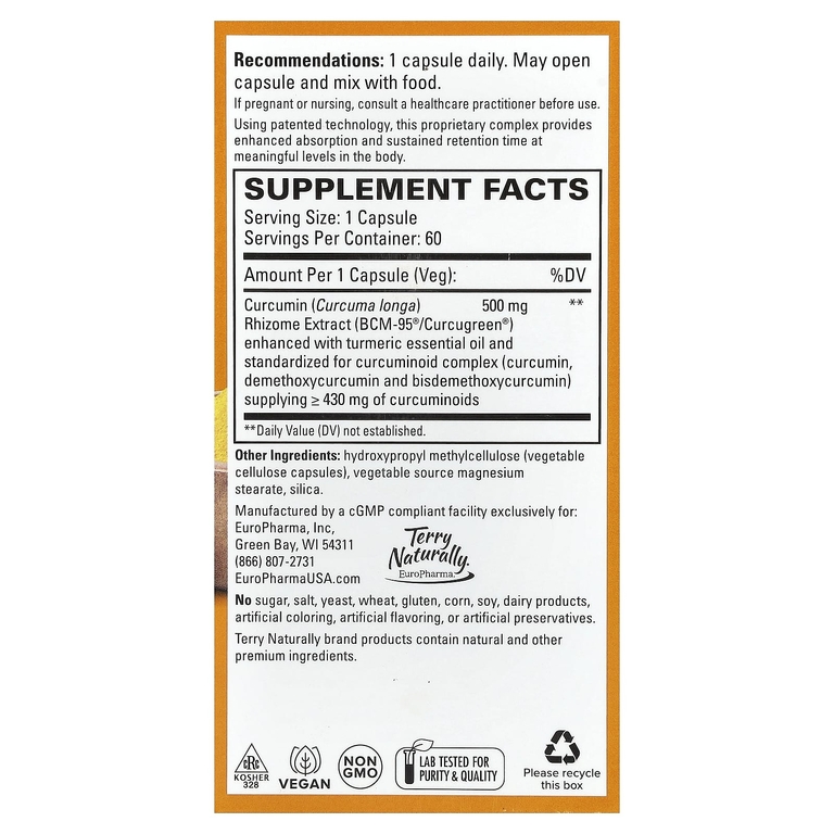 Terry Naturally, CuraMed, куркумин с улучшенным усвоением, 500 мг, 60 капсул
