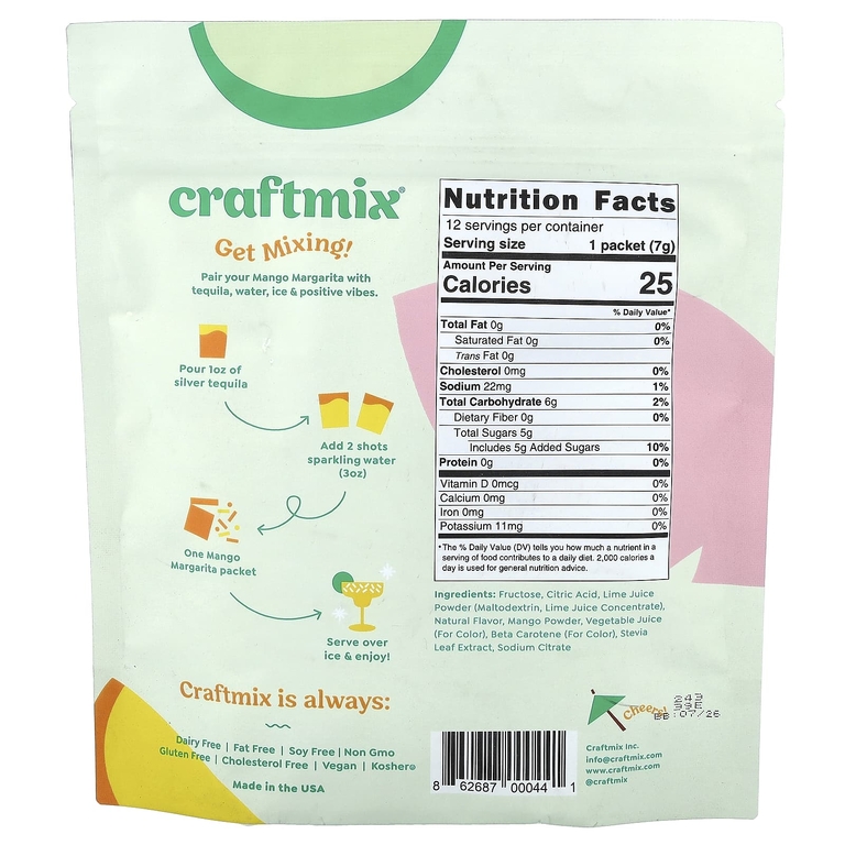 Craftmix, Пакетики для коктейлей, манго и маргарита, 12 пакетиков, 84 г (2,96 унции)