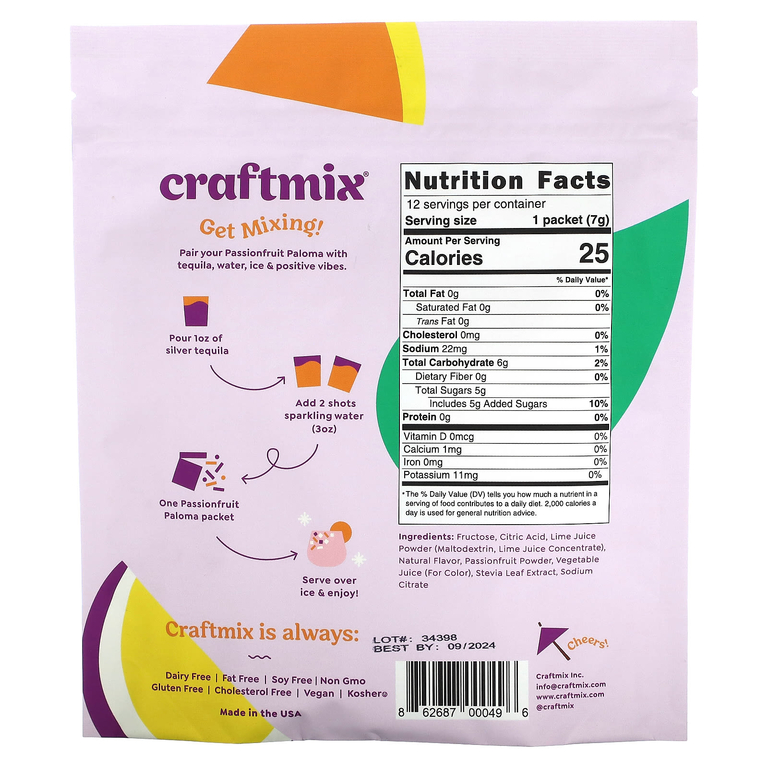 Craftmix, Пакетики для коктейлей, маракуйя и палома, 12 пакетиков по 84 г (2,96 унции)