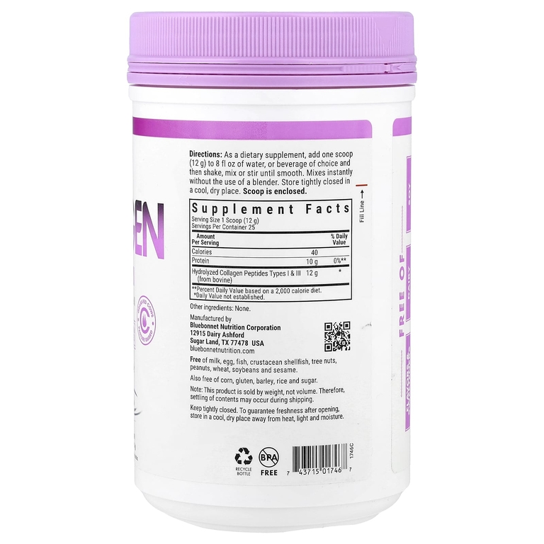 Bluebonnet Nutrition, гидролизованный коллаген в порошке, без добавок, 300 г (10,58 унции)