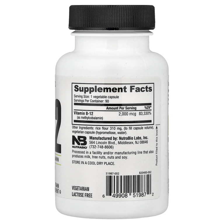 NutraBio, Витамин B12, 2000 мкг, 90 капсул