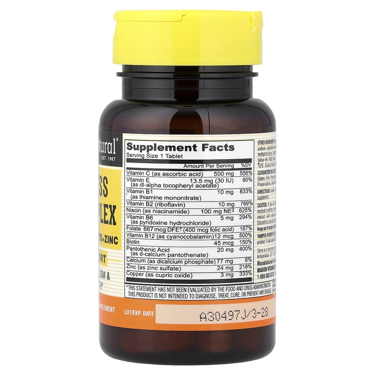 Mason Natural, Stress B-Complex, витамины группы B с антиоксидантами и цинком, 60 таблеток