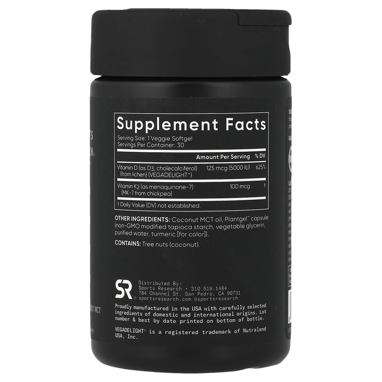 Sports Research, витамины D3 и K2, растительная добавка, 30 растительных капсул