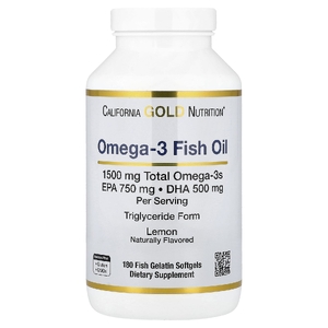 California Gold Nutrition, Норвежский рыбий жир с омега-3, ЭПК и ДГК, со вкусом лимона, 180 мягких капсул из рыбьего желатина (750 мг в 1 капсуле)