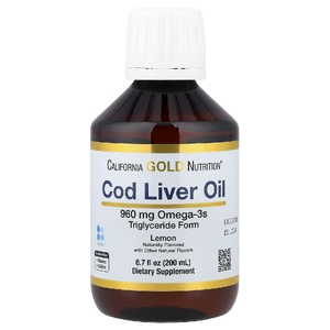 California Gold Nutrition, жир из печени трески с омега-3 жирными кислотами, ЭПК, ДГК, витаминами A и D, норвежский, в форме триглицеридов, натуральный лимонный вкус, 200 мл (6,7 жидк. унции)
