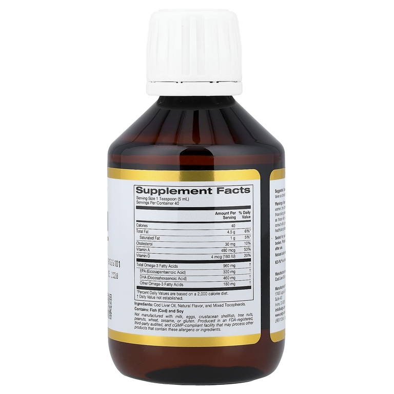 California Gold Nutrition, жир из печени трески с омега-3 жирными кислотами, ЭПК, ДГК, витаминами A и D, норвежский, в форме триглицеридов, натуральный лимонный вкус, 200 мл (6,7 жидк. унции)