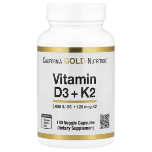 California Gold Nutrition, витамины D3 и К2 в форме MK-7, 180 растительных капсул