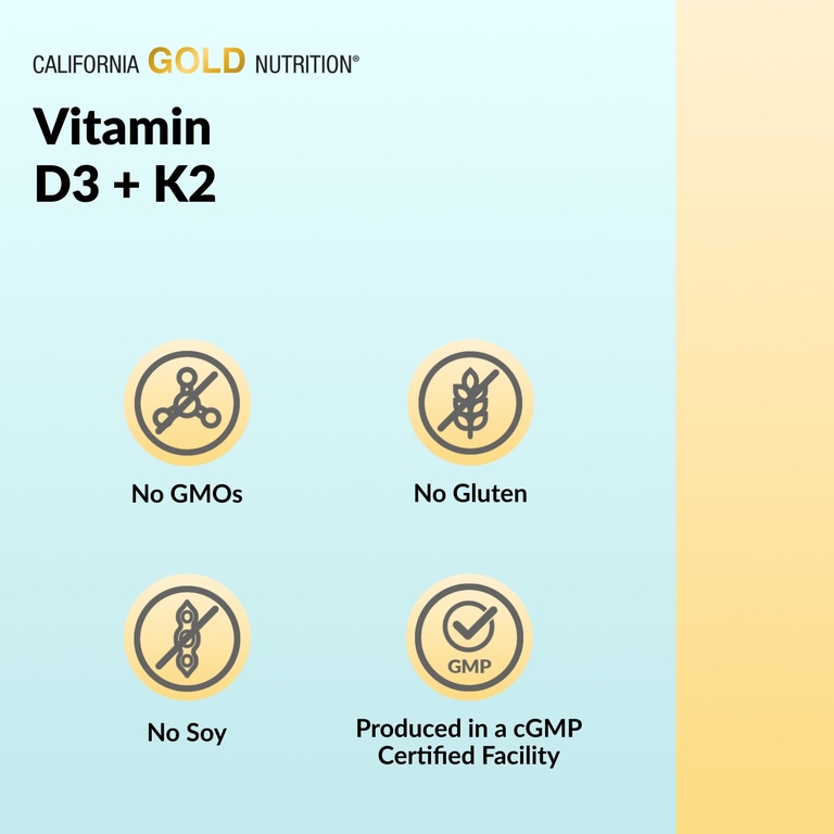 California Gold Nutrition, витамины D3 и К2 в форме MK-7, 180 растительных капсул