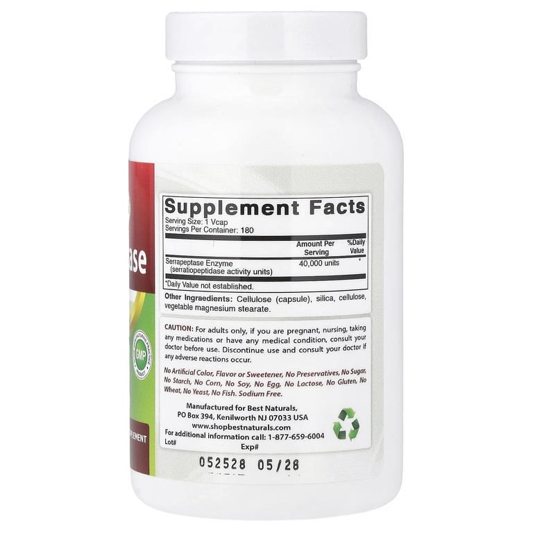 Best Naturals, серрапептаза, 40 000 SPU, 180 капсул VC