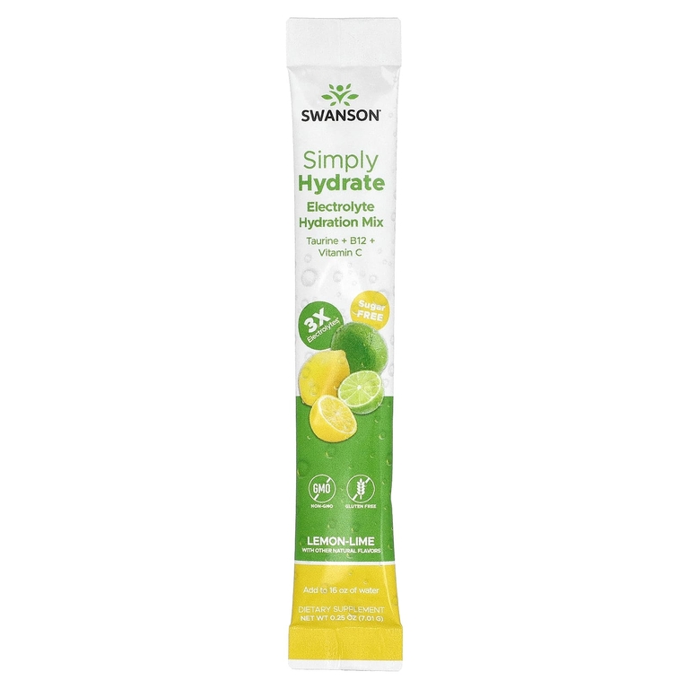 Swanson Vitamins, Simply Hydrate, увлажняющая смесь с электролитами, лимон-лайм, 30 стик-пакетиков, 7,01 г (0,25 унции)