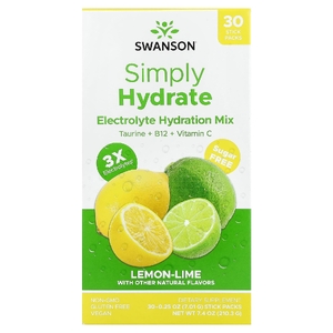 Swanson Vitamins, Simply Hydrate, увлажняющая смесь с электролитами, лимон-лайм, 30 стик-пакетиков, 7,01 г (0,25 унции)