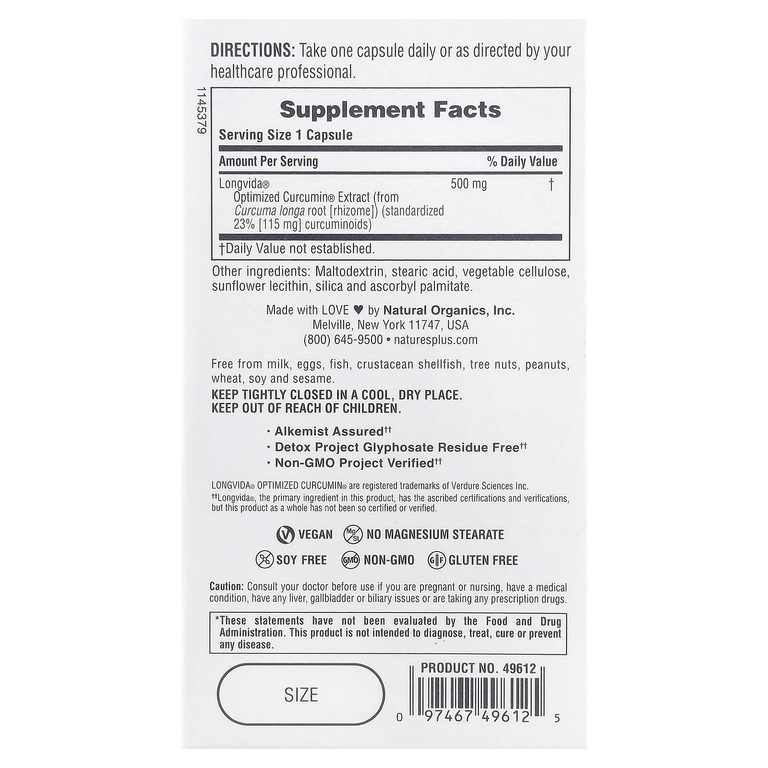 NaturesPlus, Pro Longvida®  Оптимизированный куркумин®  500, 500 мг, 60 капсул