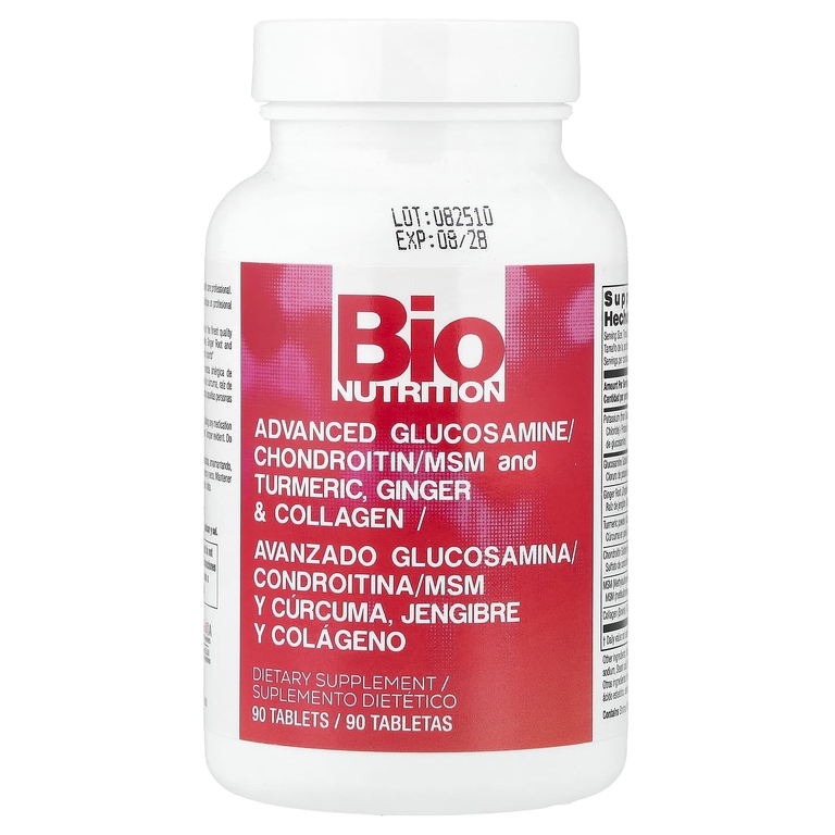 Bio Nutrition, улучшенный глюкозамин, хондроитин, МСМ и куркума, имбирь и коллаген, 90 таблеток