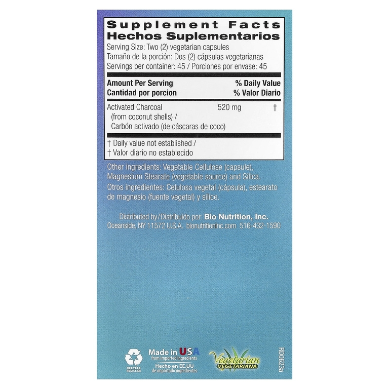 Bio Nutrition, активированный кокосовый уголь, 90 вегетарианских капсул (260 мг в 1 капсуле)