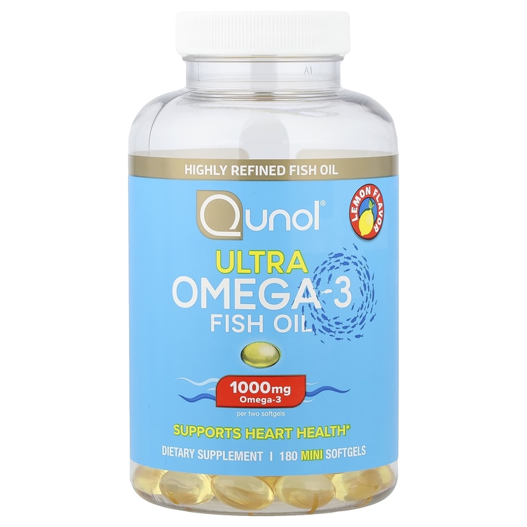 Qunol, ультраомега-3, рыбий жир, со вкусом лимона, 180 мини-капсул (500 мг в капсуле)