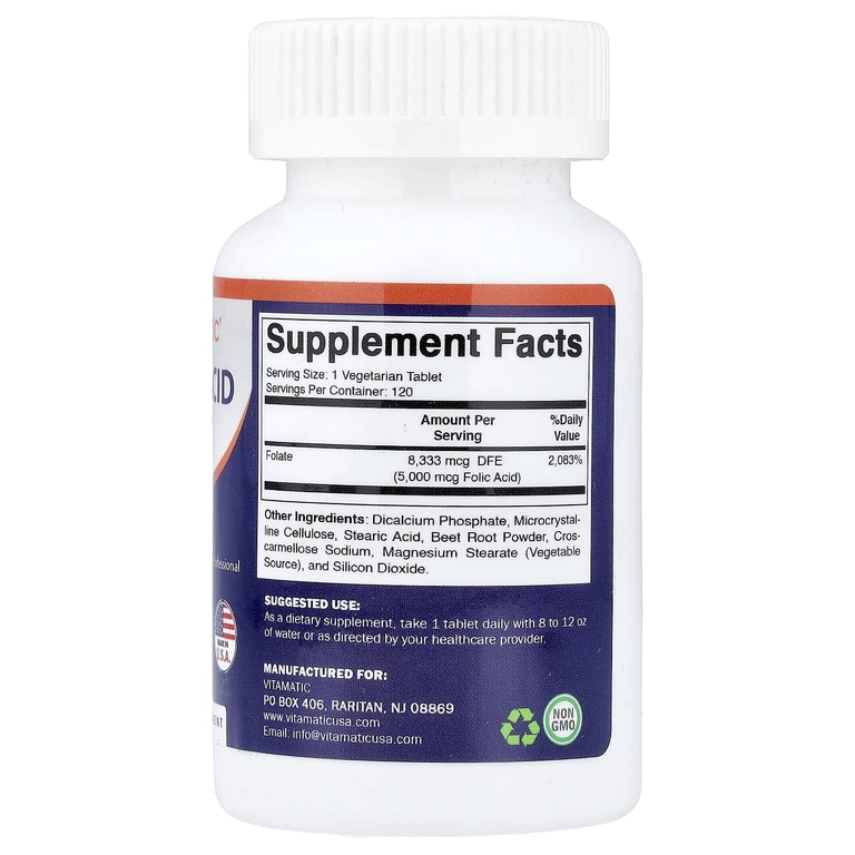 Vitamatic, фолиевая кислота, 120 вегетарианских таблеток (8333 мкг в 1 таблетке)