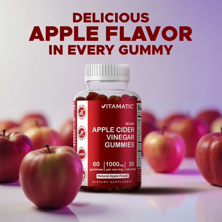 Vitamatic, веганские жевательные таблетки с яблочным уксусом, со вкусом натурального яблока, 60 жевательных таблеток