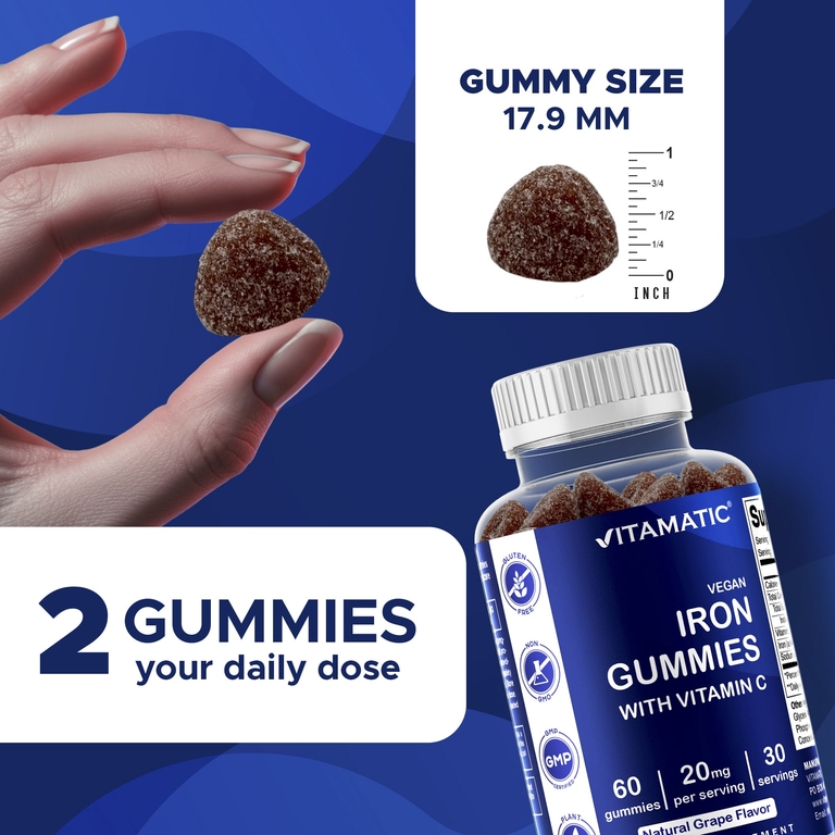 Vitamatic, веганские жевательные таблетки с железом с витамином C, со вкусом натурального винограда, 60 жевательных таблеток