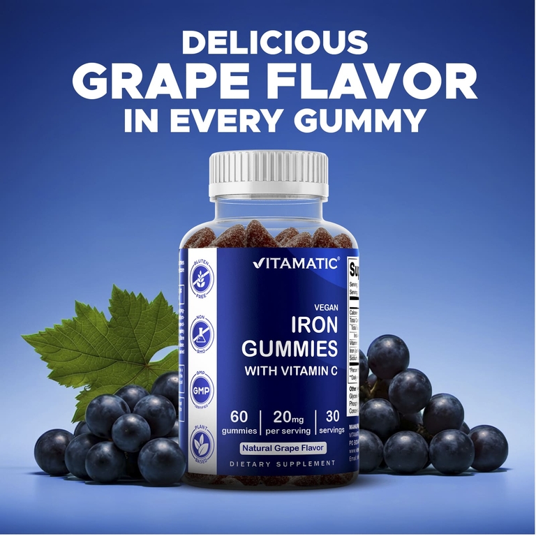 Vitamatic, веганские жевательные таблетки с железом с витамином C, со вкусом натурального винограда, 60 жевательных таблеток