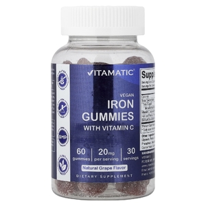 Vitamatic, веганские жевательные таблетки с железом с витамином C, со вкусом натурального винограда, 60 жевательных таблеток