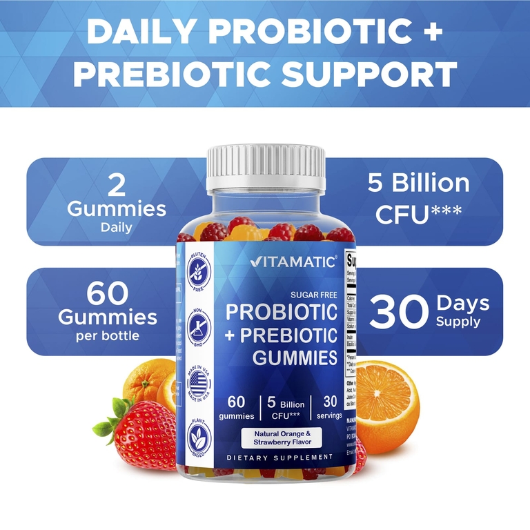Vitamatic, пробиотики и пребиотики, без сахара, натуральный апельсин и клубника, 60 жевательных таблеток