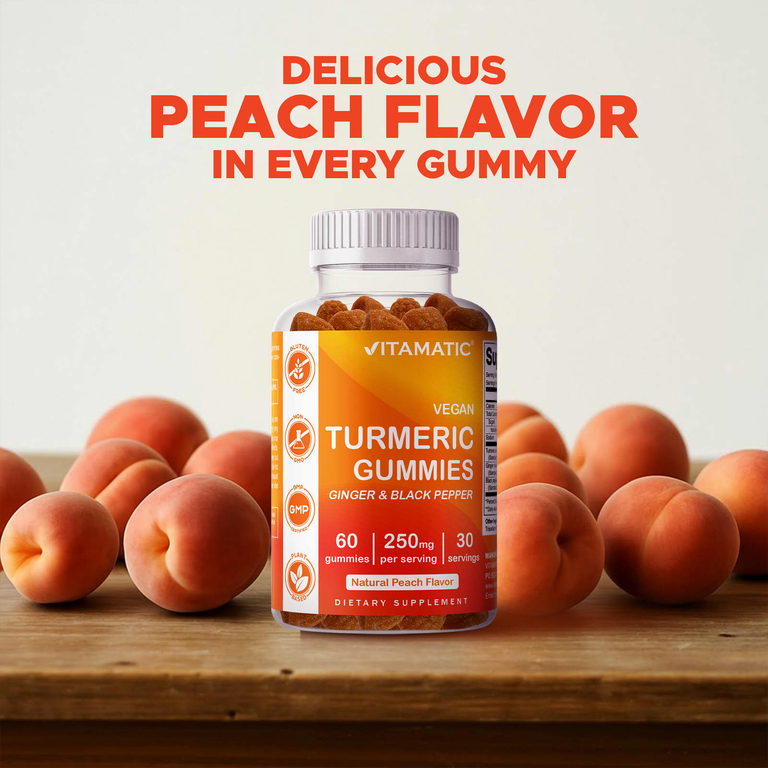 Vitamatic, веганские жевательные таблетки с куркумой, со вкусом натурального персика, 60 жевательных таблеток