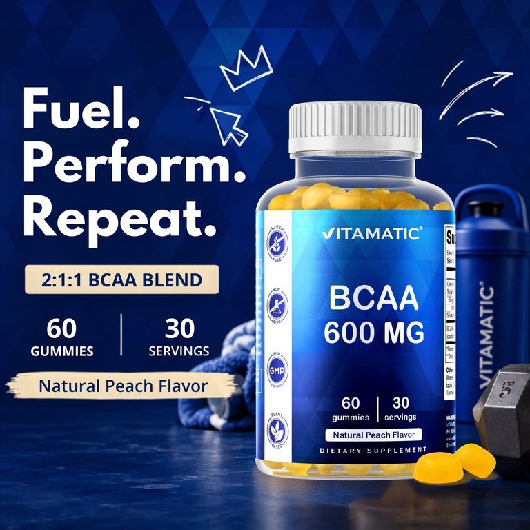 Vitamatic, BCAA, жевательные мармеладки, натуральный персиковый вкус, 60 жевательных таблеток (300 мг в 1 таблетке)