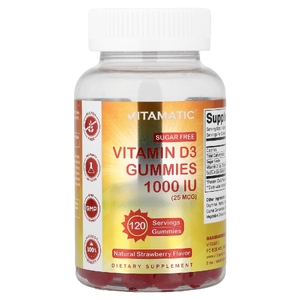 Vitamatic, витамин D3, без сахара, натуральная клубника, 25 мкг (1000 МЕ), 120 жевательных таблеток