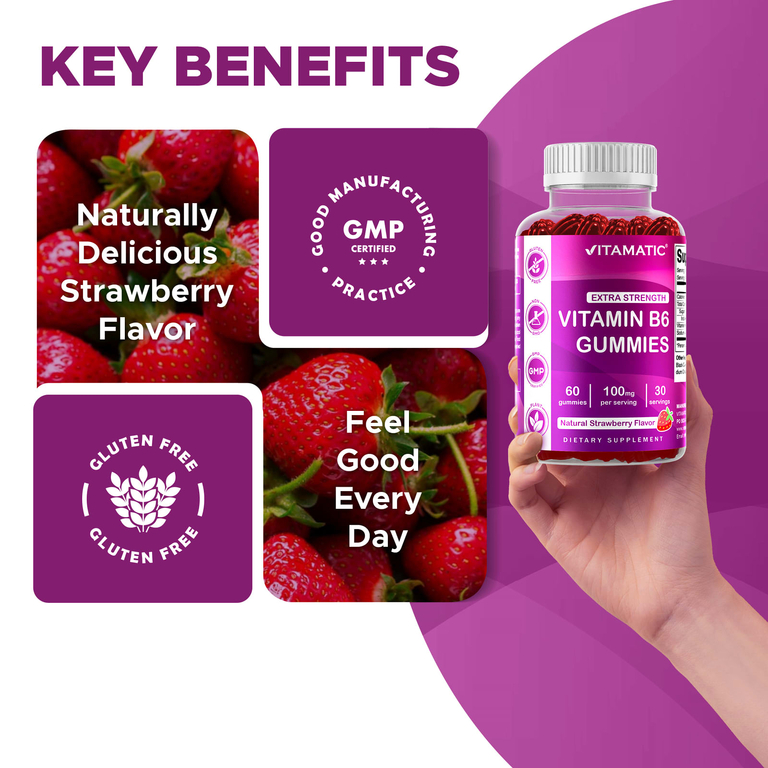 Vitamatic, витамин B6, натуральная клубника, 60 жевательных мармеладок (50 мг в 1 жевательной таблетке)