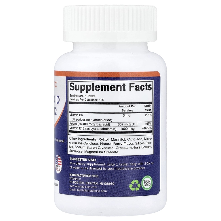 Vitamatic, Фолиевая кислота B6 и B12, натуральные ягоды, 180 быстро растворяющихся таблеток