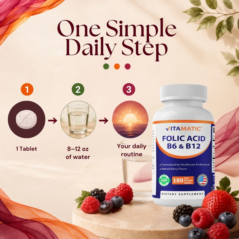 Vitamatic, Фолиевая кислота B6 и B12, натуральные ягоды, 180 быстро растворяющихся таблеток